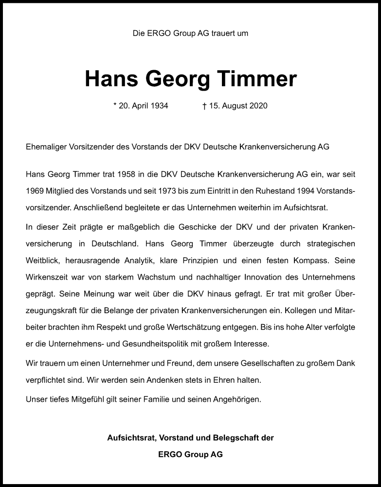  Traueranzeige für Hans Georg Timmer vom 22.08.2020 aus Kölner Stadt-Anzeiger / Kölnische Rundschau / Express
