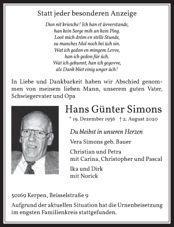 Anzeige von Hans Günter Simons von  Werbepost 