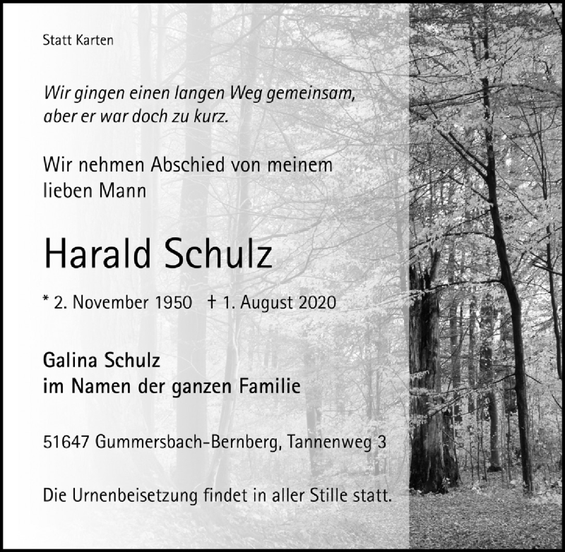  Traueranzeige für Harald Schulz vom 07.08.2020 aus  Anzeigen Echo 