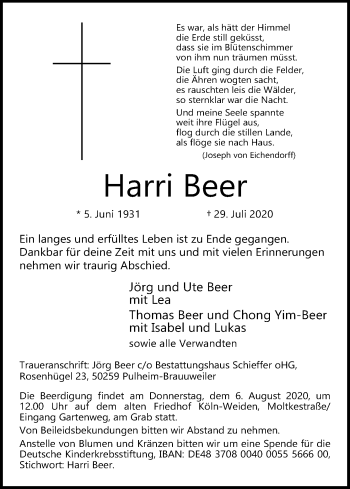 Anzeige von Harri Beer von Kölner Stadt-Anzeiger / Kölnische Rundschau / Express
