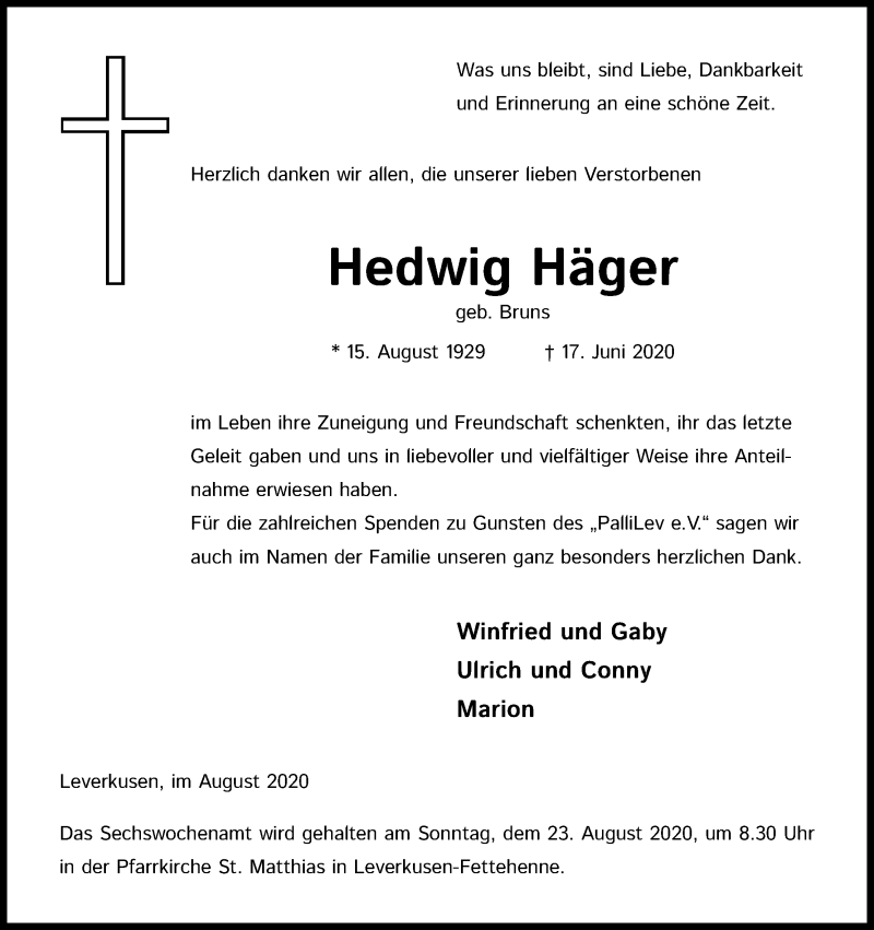  Traueranzeige für Hedwig Häger vom 15.08.2020 aus Kölner Stadt-Anzeiger / Kölnische Rundschau / Express