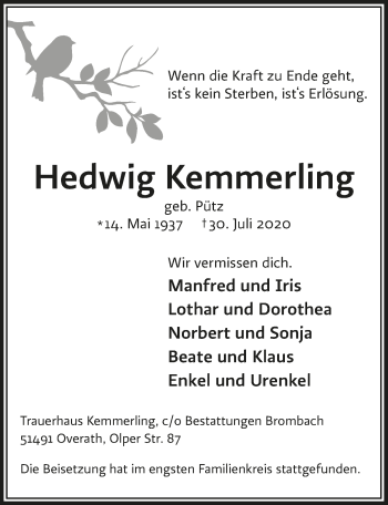 Anzeige von Hedwig Kemmerling von  Bergisches Handelsblatt 