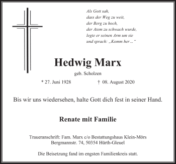 Anzeige von Hedwig Marx von  Wochenende 