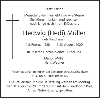Anzeige von Hedwig  Müller von  Kölner Wochenspiegel 