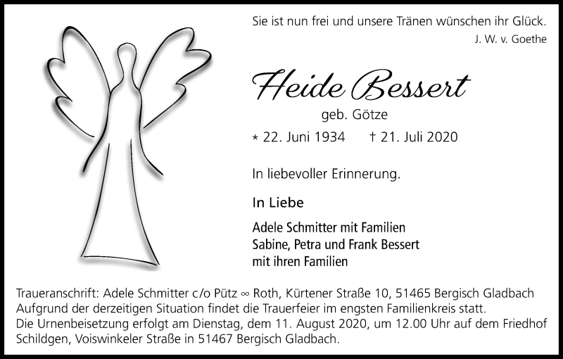  Traueranzeige für Heide Bessert vom 01.08.2020 aus Kölner Stadt-Anzeiger / Kölnische Rundschau / Express