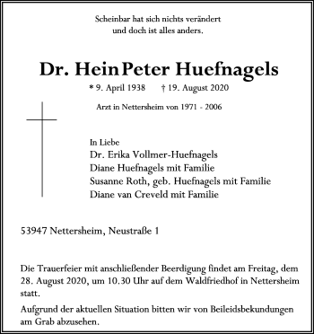 Anzeige von Hein Peter Hufnagel von Kölner Stadt-Anzeiger / Kölnische Rundschau / Express