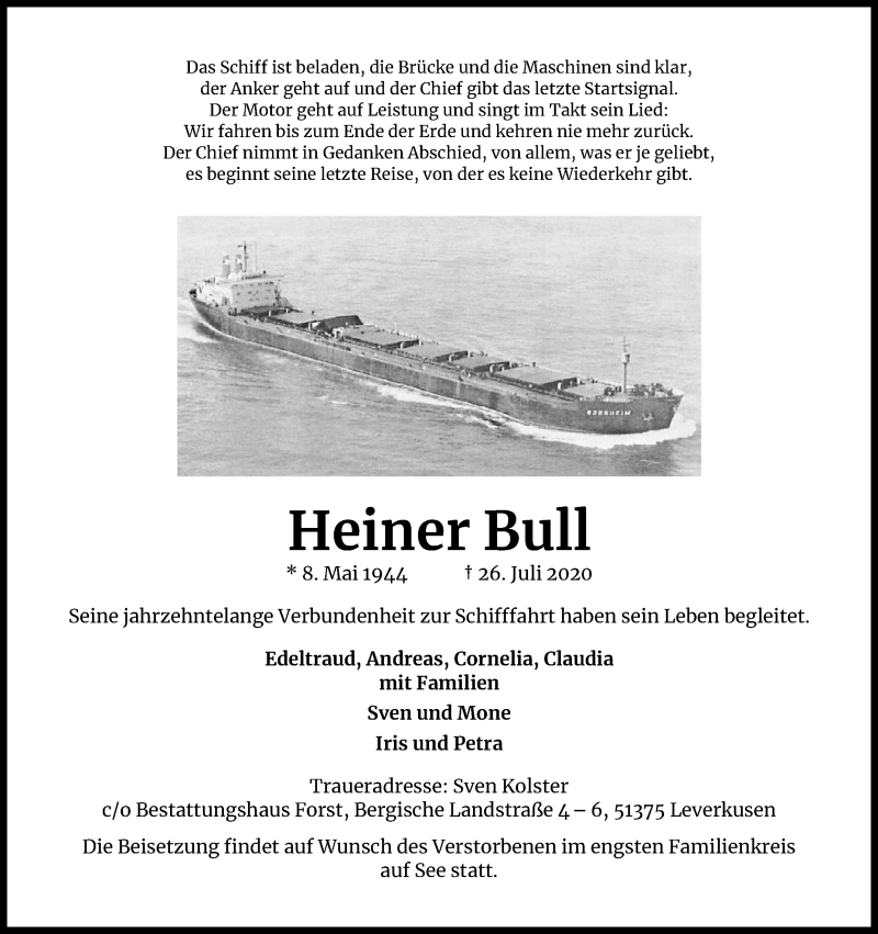  Traueranzeige für Heiner Bull vom 01.08.2020 aus Kölner Stadt-Anzeiger / Kölnische Rundschau / Express