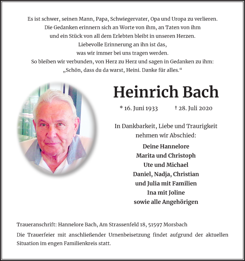  Traueranzeige für Heinrich Bach vom 01.08.2020 aus Kölner Stadt-Anzeiger / Kölnische Rundschau / Express