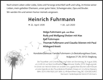 Anzeige von Heinrich Fuhrmann von Kölner Stadt-Anzeiger / Kölnische Rundschau / Express