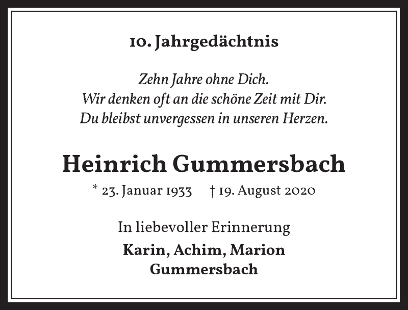  Traueranzeige für Heinrich Gummersbach vom 14.08.2020 aus  Werbepost 