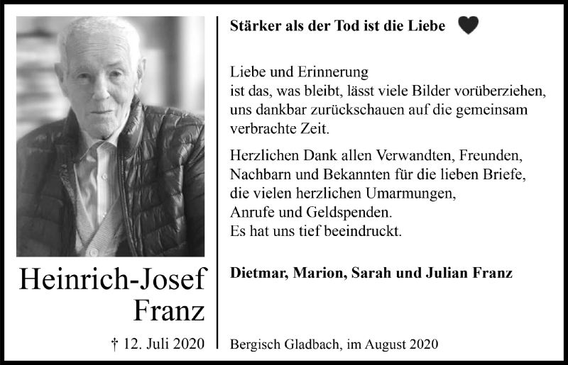  Traueranzeige für Heinrich-Josef Franz vom 21.08.2020 aus  Bergisches Handelsblatt 