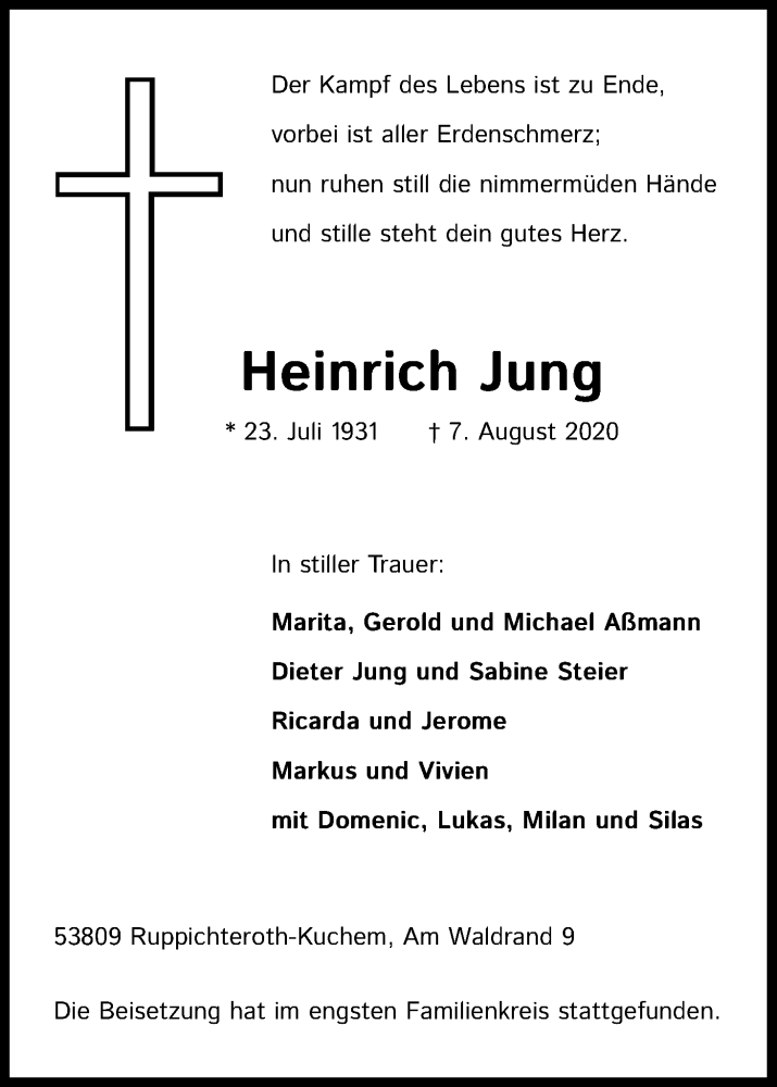  Traueranzeige für Heinrich Jung vom 15.08.2020 aus Kölner Stadt-Anzeiger / Kölnische Rundschau / Express