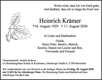Anzeige von Heinrich Krämer von Kölner Stadt-Anzeiger / Kölnische Rundschau / Express