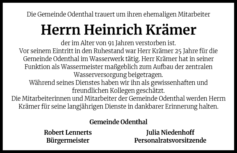  Traueranzeige für Heinrich Krämer vom 26.08.2020 aus Kölner Stadt-Anzeiger / Kölnische Rundschau / Express