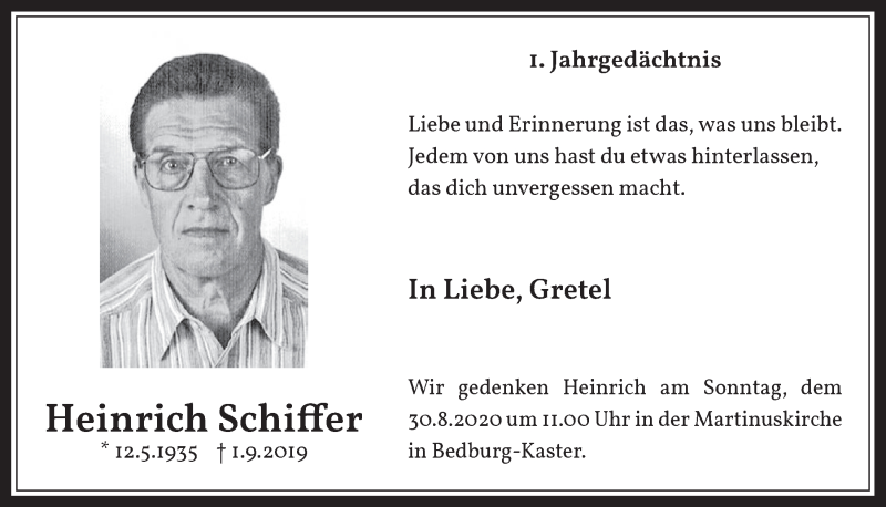  Traueranzeige für Heinrich Schiffer vom 14.08.2020 aus  Werbepost 