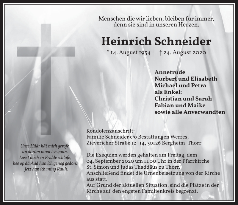  Traueranzeige für Heinrich Schneider vom 28.08.2020 aus  Werbepost 