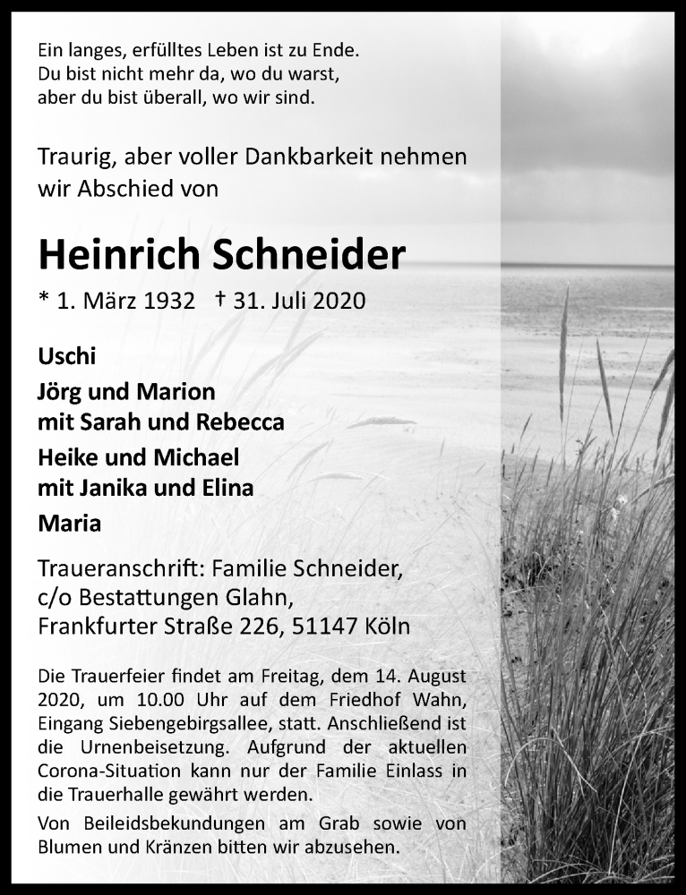  Traueranzeige für Heinrich Schneider vom 07.08.2020 aus  Kölner Wochenspiegel 