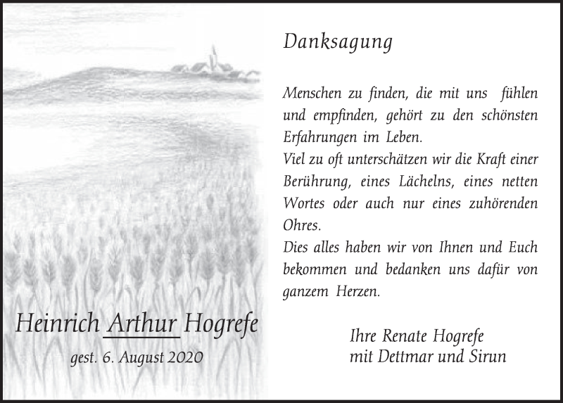  Traueranzeige für Heinrich Arthur Hogrefe vom 28.08.2020 aus  Schlossbote/Werbekurier 
