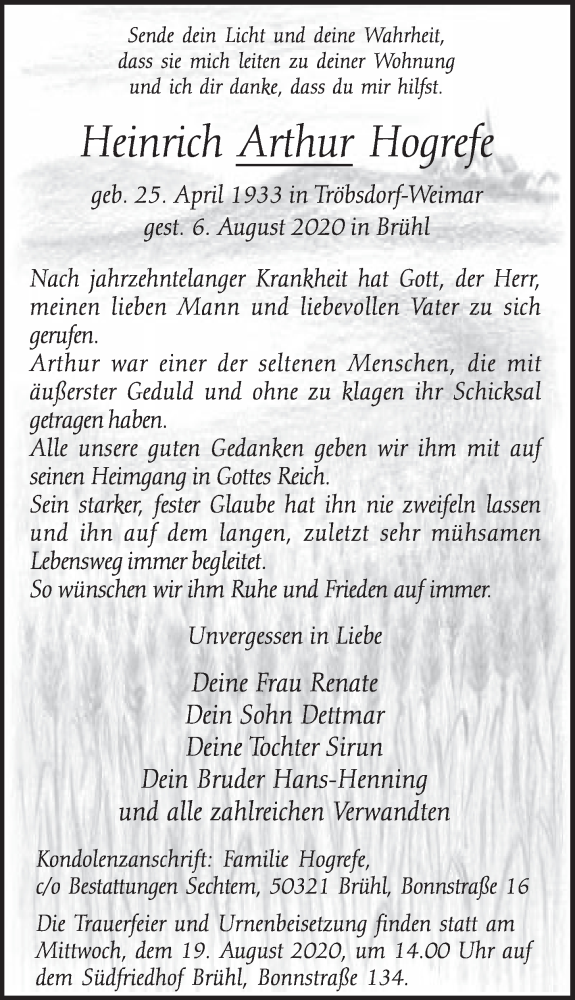  Traueranzeige für Heinrich Arthur Hogrefe vom 14.08.2020 aus  Schlossbote/Werbekurier 