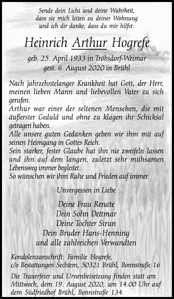 Anzeige von Heinrich Arthur Hogrefe von Kölner Stadt-Anzeiger / Kölnische Rundschau / Express