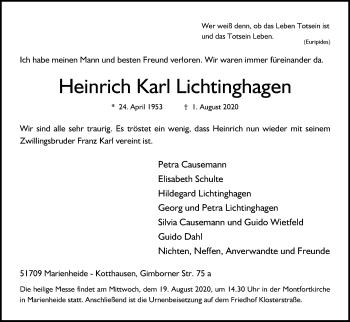 Anzeige von Heinrich Karl Lichtinghagen von Kölner Stadt-Anzeiger / Kölnische Rundschau / Express