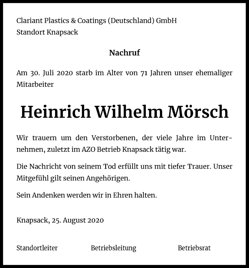  Traueranzeige für Heinrich Wilhelm Mörsch vom 27.08.2020 aus Kölner Stadt-Anzeiger / Kölnische Rundschau / Express