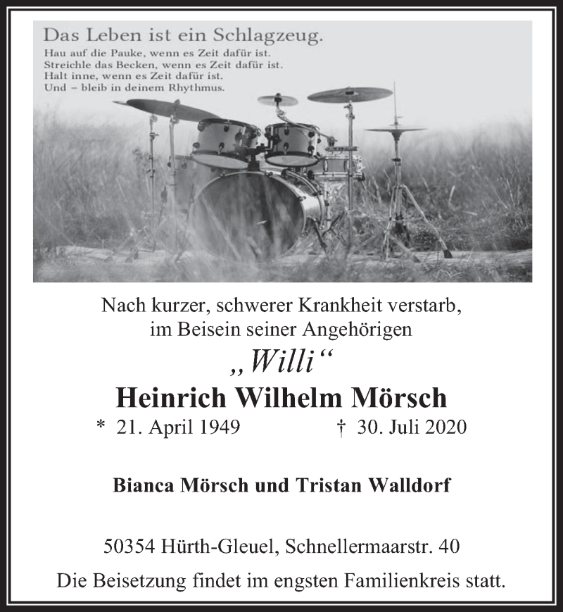  Traueranzeige für Heinrich Wilhelm Mörsch vom 07.08.2020 aus  Wochenende 