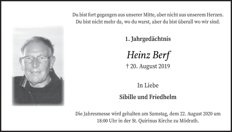  Traueranzeige für Heinz Berf vom 14.08.2020 aus  Werbepost 