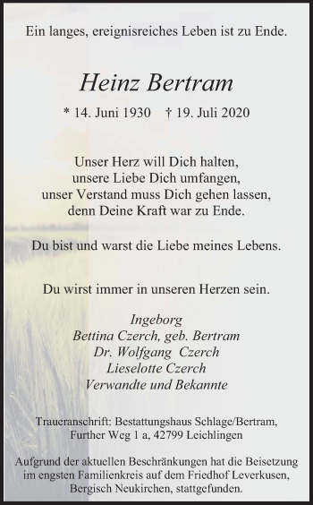 Anzeige von Heinz Bertram von Kölner Stadt-Anzeiger / Kölnische Rundschau / Express