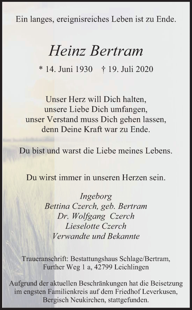  Traueranzeige für Heinz Bertram vom 01.08.2020 aus Kölner Stadt-Anzeiger / Kölnische Rundschau / Express