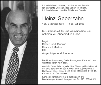 Anzeige von Heinz Geberzahn von Kölner Stadt-Anzeiger / Kölnische Rundschau / Express
