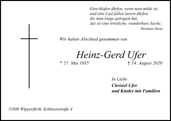 Anzeige von Heinz-Gerd Ufer von Kölner Stadt-Anzeiger / Kölnische Rundschau / Express
