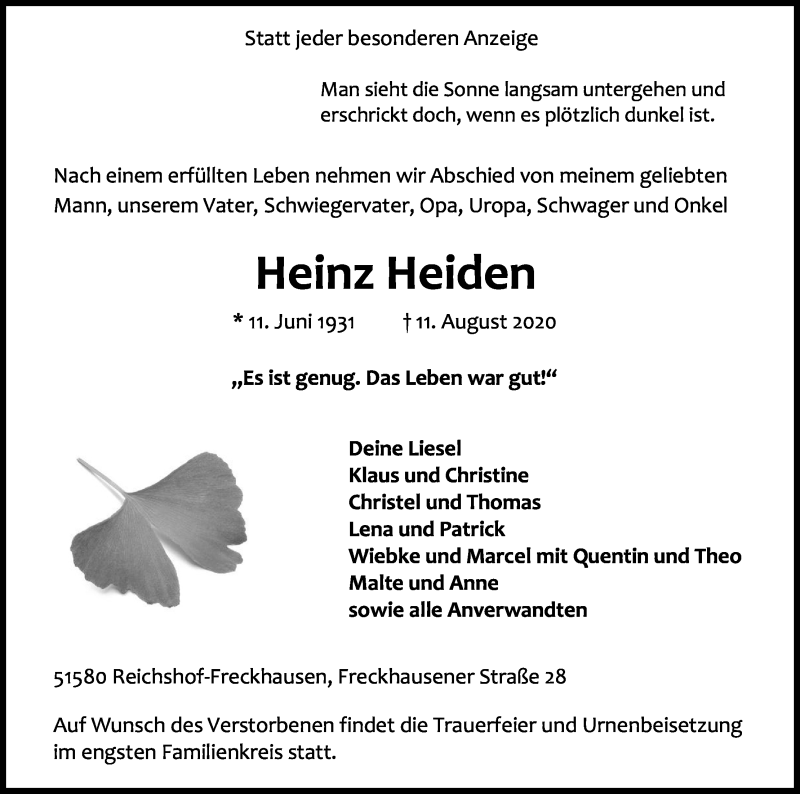  Traueranzeige für Heinz Heiden vom 22.08.2020 aus Kölner Stadt-Anzeiger / Kölnische Rundschau / Express