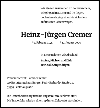 Anzeige von Heinz-Jürgen Cremer von Kölner Stadt-Anzeiger / Kölnische Rundschau / Express