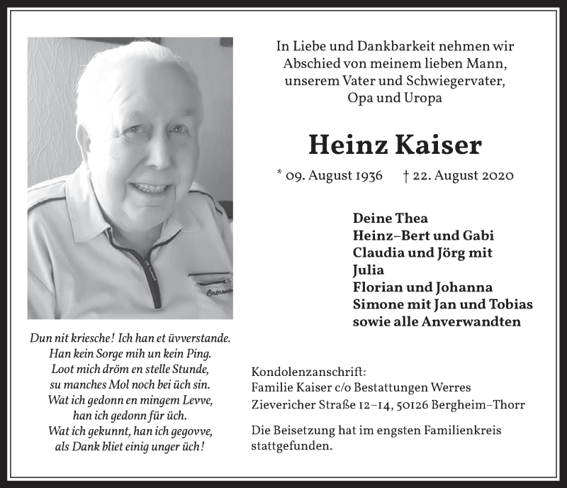  Traueranzeige für Heinz Kaiser vom 28.08.2020 aus  Werbepost 