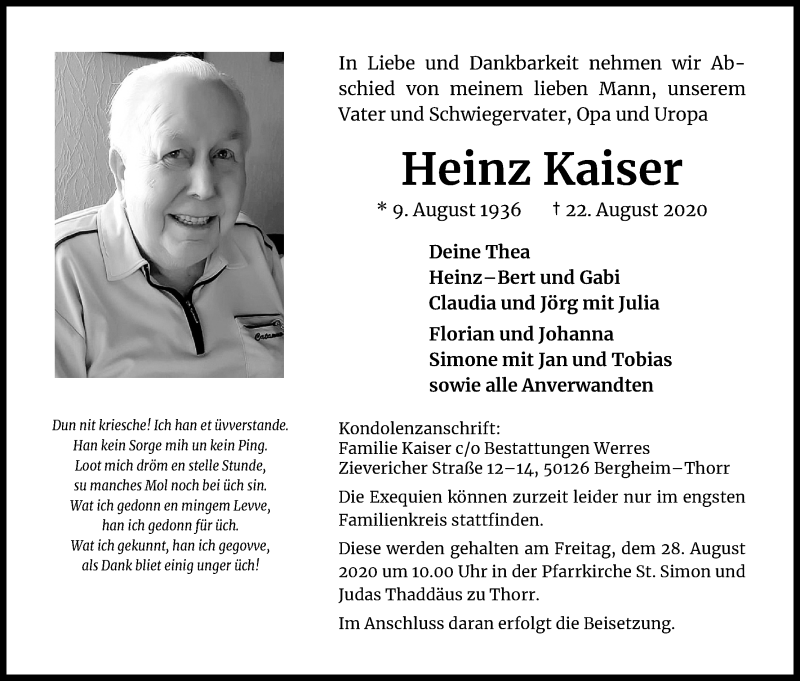  Traueranzeige für Heinz Kaiser vom 26.08.2020 aus Kölner Stadt-Anzeiger / Kölnische Rundschau / Express