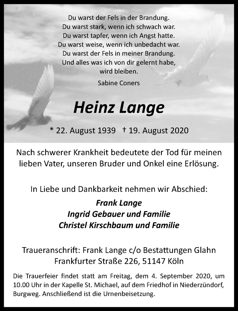  Traueranzeige für Heinz Lange vom 28.08.2020 aus  Kölner Wochenspiegel 