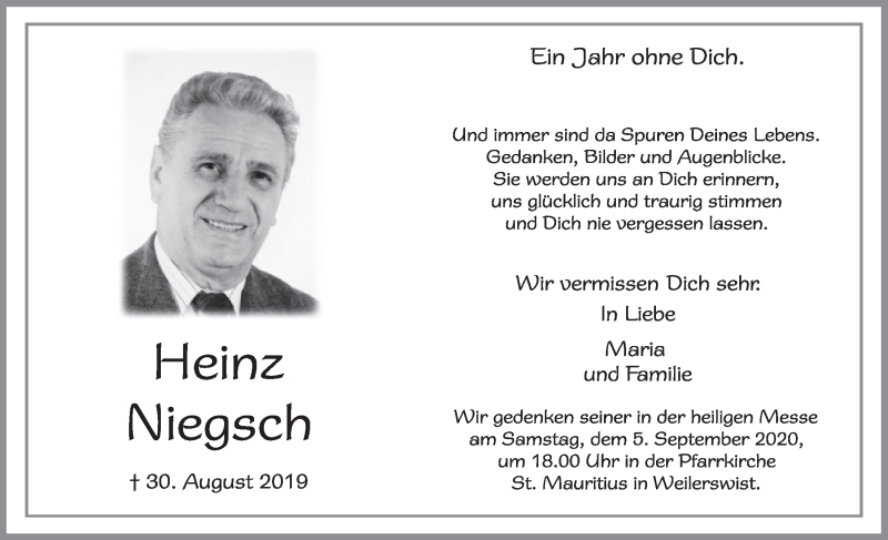  Traueranzeige für Heinz Niegsch vom 29.08.2020 aus  Blickpunkt Euskirchen 