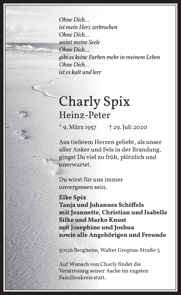  Traueranzeige für Heinz-Peter Spix vom 07.08.2020 aus  Werbepost 