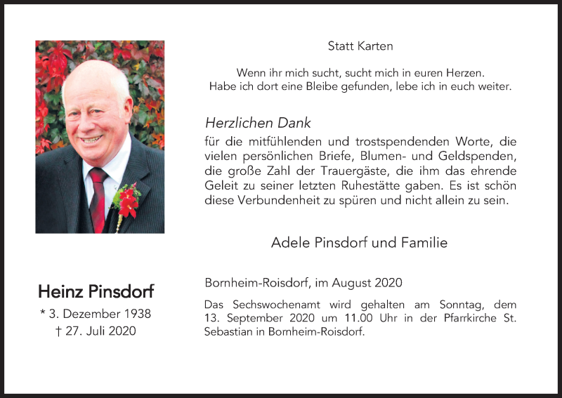  Traueranzeige für Heinz Pinsdorf vom 22.08.2020 aus Kölner Stadt-Anzeiger / Kölnische Rundschau / Express