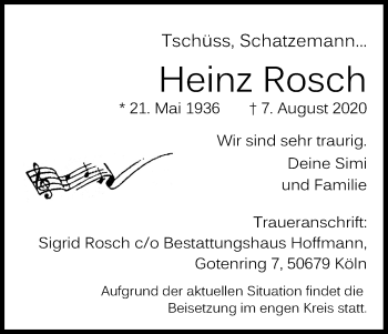 Anzeige von Heinz Rosch von Kölner Stadt-Anzeiger / Kölnische Rundschau / Express