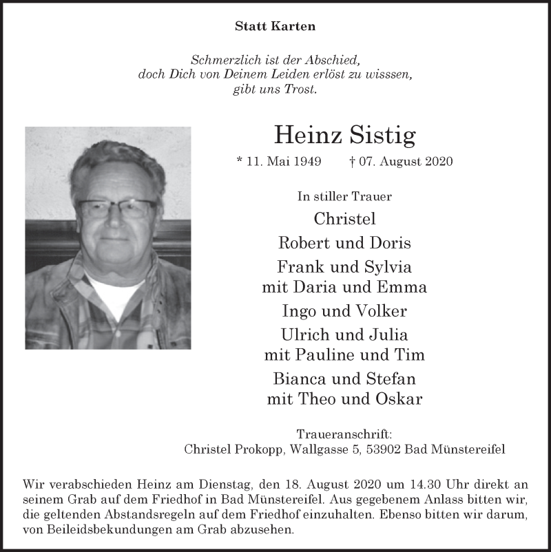  Traueranzeige für Heinz Sistig vom 15.08.2020 aus  Blickpunkt Euskirchen 
