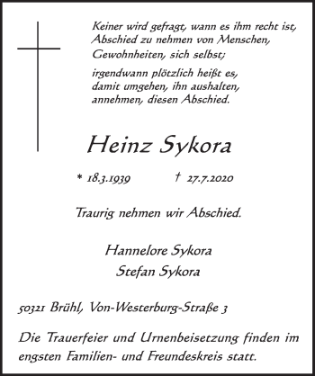 Anzeige von Heinz Sykora von  Schlossbote/Werbekurier 