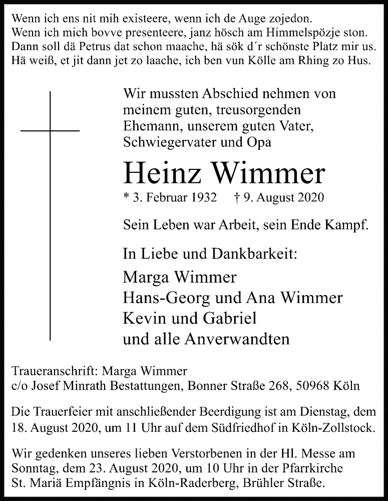  Traueranzeige für Heinz Wimmer vom 15.08.2020 aus Kölner Stadt-Anzeiger / Kölnische Rundschau / Express