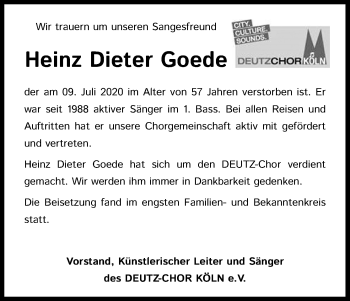 Anzeige von Heinz Dieter Goede von Kölner Stadt-Anzeiger / Kölnische Rundschau / Express