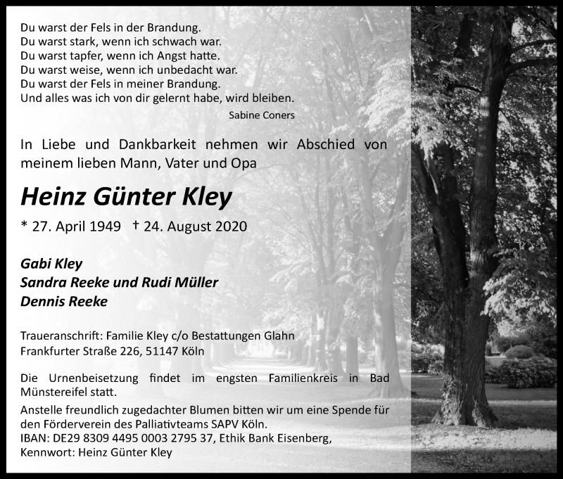  Traueranzeige für Heinz Günter Kley vom 29.08.2020 aus Kölner Stadt-Anzeiger / Kölnische Rundschau / Express