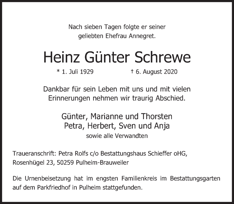  Traueranzeige für Heinz Günter Schrewe vom 14.08.2020 aus  Wochenende 