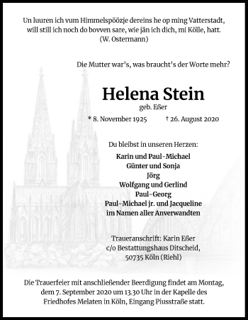 Anzeige von Helena Stein von Kölner Stadt-Anzeiger / Kölnische Rundschau / Express