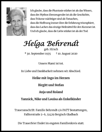 Anzeige von Helga Behrendt von Kölner Stadt-Anzeiger / Kölnische Rundschau / Express