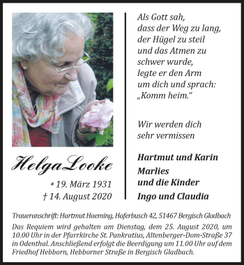 Anzeige von Helga Looke von  Wochenende 